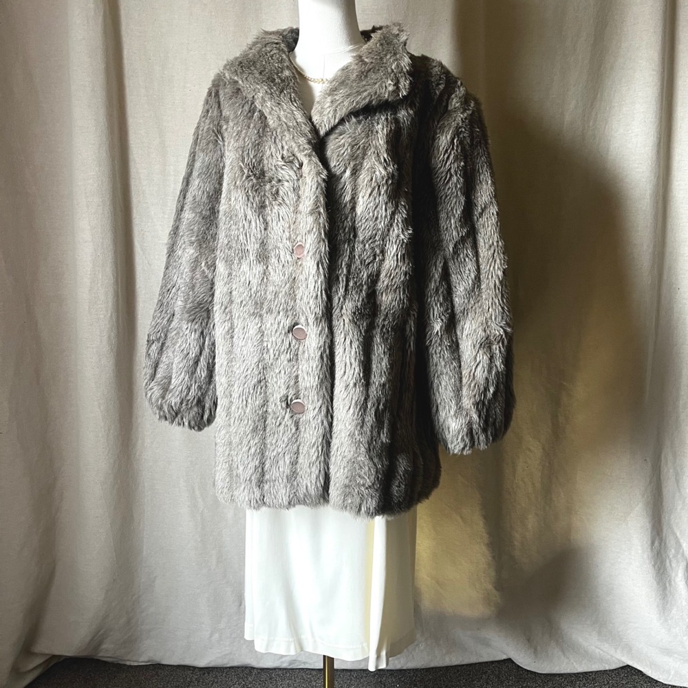 Vintage 1950s Gray Faux Fur Swing Coat L-XL Mid Century USA Glam